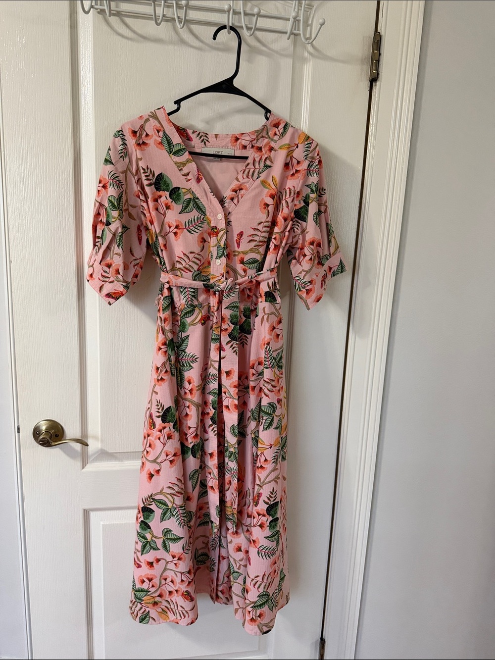 LOFT Pink Floral Midi Dress with Tie Waist